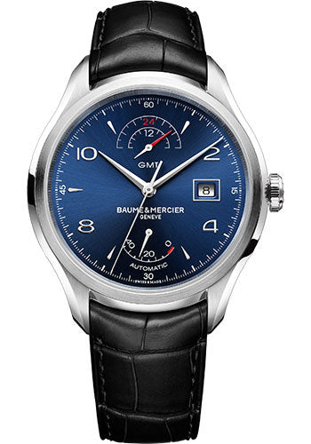 Baume & Mercier Clifton Automatic Watch - Dual Time - Power Reserve - 43 mm Steel Case - Blue Dial - Black Alligator Strap