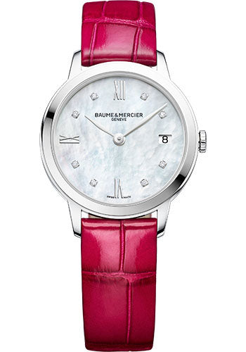 Baume & Mercier Classima Quartz Watch - Date Display - Diamond-Set - 31 mm Steel Case - Diamond White Mother-Of-Pearl Dial - Fuschia Alligator Strap