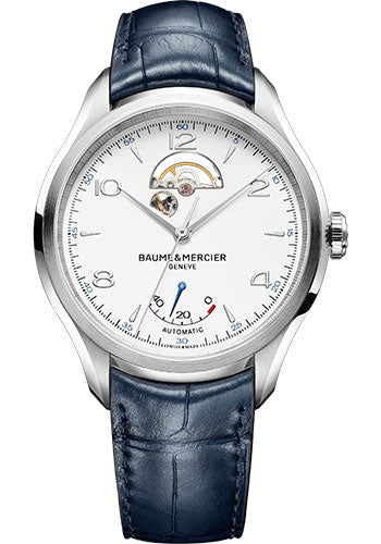 Baume & Mercier Clifton Automatic Watch - Open Balance - 43 mm Steel Case - White Dial - Blue Alligator Strap