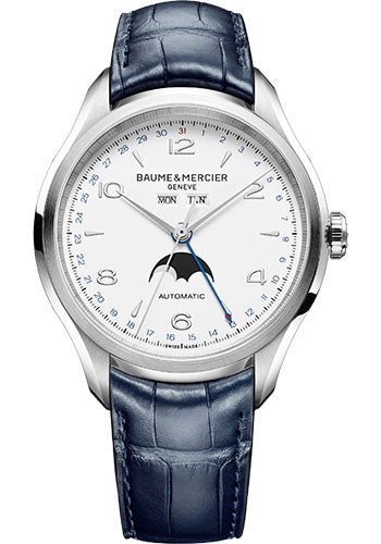 Baume & Mercier Clifton Automatic Watch - Day - Date - Moon Phase - 43 mm Steel Case - Dial - Blue Alligator Strap