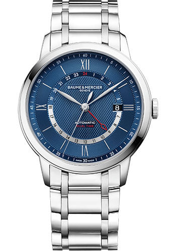 Baume & Mercier Classima Automatic Watch - Dual Time - Central-Hand - 42 mm Steel Case - Blue Dial - Steel Bracelet