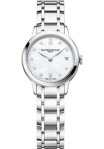 Baume & Mercier Classima Quartz Watch - Date Display - Diamond-Set - 27 mm Steel Case - Diamond Mother-Of-Pearl Dial - Steel Bracelet