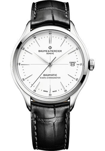 Baume & Mercier Clifton Automatic Watch - Date - COSC Certified - 40 mm Steel Case - White Dial - Black Alligator Strap