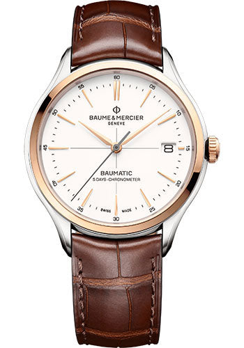 Baume & Mercier Clifton Automatic Watch - Date - COSC Certified - 40 mm Steel and Pink Gold Case - Warm-White Dial - Red-Brown Alligator Strap