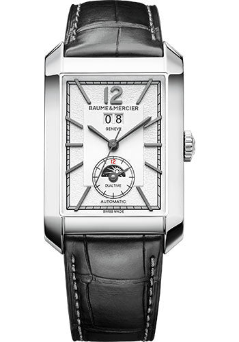 Baume & Mercier Hampton Automatic Watch - Dual Time - Big Date - 48 x 31 mm Steel Case - Silver Dial - Black Alligator Strap