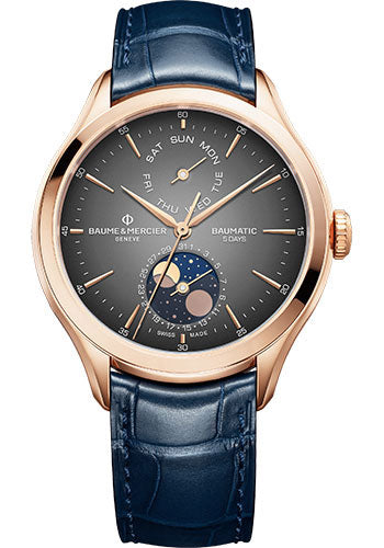 Baume & Mercier Clifton Automatic Watch - Day - Date - Moon Phase - 42 mm 18K Pink Gold Case - Gray Dial - Blue Alligator Strap