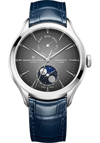 Baume & Mercier Clifton Automatic Watch - Day - Date - Moon Phase - 42 mm Steel Case - Gray Dial - Blue Alligator Strap