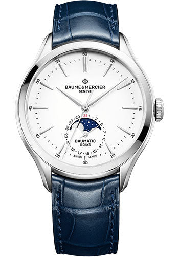 Baume & Mercier Clifton Automatic Watch - Moon Phase Date - 42 mm Steel Case - White Dial - Blue Alligator Strap