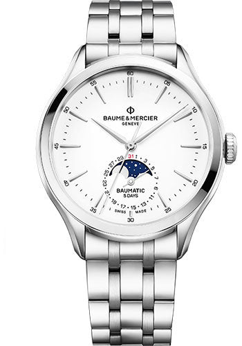 Baume & Mercier Clifton Automatic Watch - Moon Phase Date - 42 mm Steel Case - White Dial - Steel Bracelet