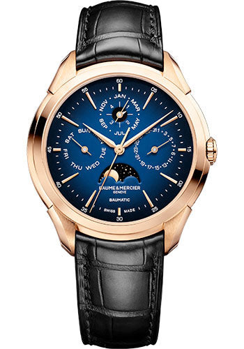 Baume & Mercier Clifton Automatic Watch - Perpetual Calendar - 42mm 18K Pink Gold Case - Blue Dial - Black Alligator Strap