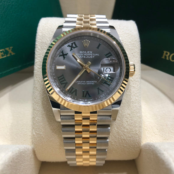 Rolex 126233 Datejust 36mm Two-Tone Steel/Yellow Gold Fluted Bezel Wimbledon Roman Dial Jubilee