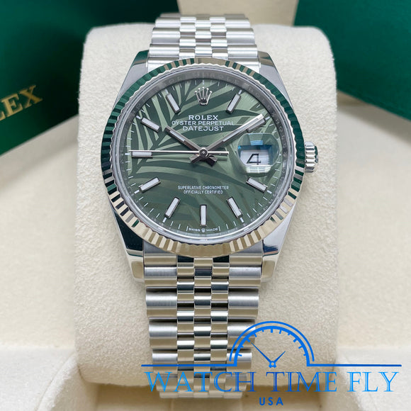 Rolex Stainless Steel Datejust 36mm 126234 Fluted Bezel Green Palm Motif Index Dial Jubilee
