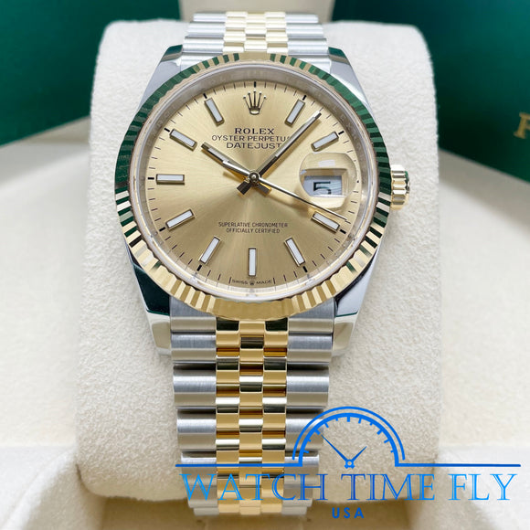 Rolex Two-Tone Steel and Yellow Gold 126233 Datejust 36mm Fluted Bezel Champagne Stick Dial