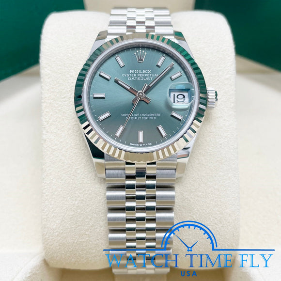Rolex Datejust 31mm 278274 Steel and White Gold Fluted Bezel Mint Green Index Dial Jubilee