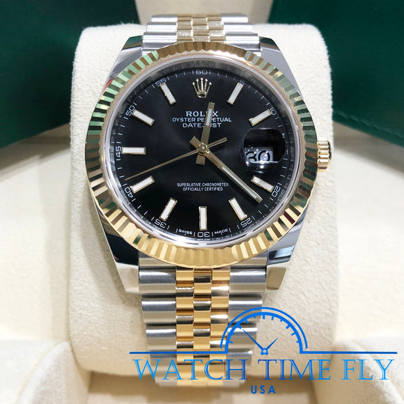 Rolex Datejust 41mm 126333 Fluted Bezel Jubilee Bracelet Black Dial Two Tone Yellow