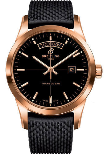 Breitling Transocean Day & Date Watch - 18k Red Gold - Black Dial - Black Rubber Aero Classic Strap - R4531012/BB70/279S/R20D.3