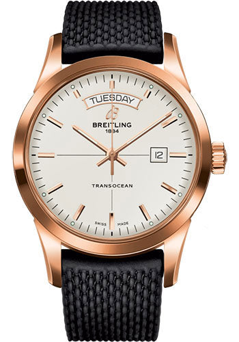 Breitling Transocean Day & Date Watch - 18k Red Gold - Mercury Silver Dial - Black Rubber Aero Classic Strap - R4531012/G752/279S/R20D.3