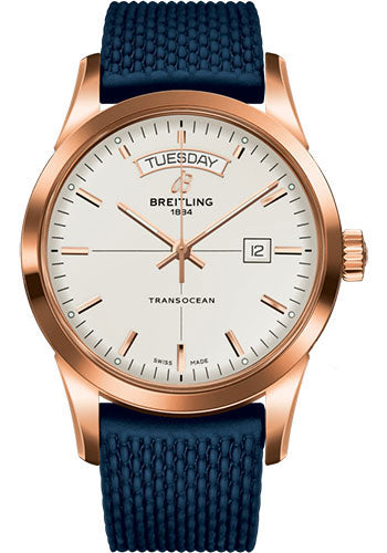 Breitling Transocean Day & Date Watch - 18k Red Gold - Mercury Silver Dial - Blue Rubber Aero Classic Strap - R4531012/G752/281S/R20D.3