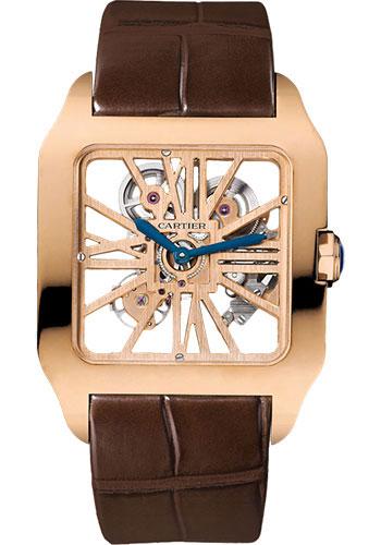 Cartier Santos-Dumont Skeleton Watch - 38.7 x 47.4 mm Pink Gold Case - Silver Dial - Brown Alligator Strap - W2020057