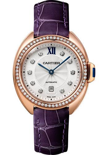 Cartier Cle de Cartier Watch - 31 mm Pink Gold Diamond Case - Diamond Bezel - Silvered Flinque Dial - Aubergine Alligator Strap - WJCL0038